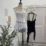 Real Shooting Lace Suspension Sheaf Vest Women's Summer Thin Irregular Lotus Leaf-Side Ribbon Slime Blouse 11851