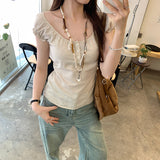French Temperament Sesame Bubble Sleeves To Repair Short-Sleeved T-Shirt Women 2025 Summer New Beautiful Single Wear Small Top