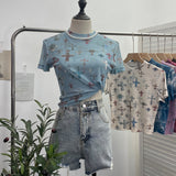 Real Shooting Retro Tie-Dye Double-Layer Mesh Half-High-Neck Short-Sleeved T-Shirt T-Shirt Short-Sleeved T-Shirted Woman 8833