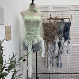 Real Shot With Hanging Neck Flower Braid Vest Dye Mesh Irregular Lace Ribbon Sleeveless Top 1596
