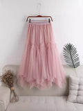 2025 New High-Rise Thin Long Irregular Double Mesh Splicing Half-Dress Female Pong Skirt Dress Dress