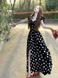 Korean Sweet High-End Feeling Dot Dress Woman 2025 Summer New Folded Waist Thin Temperament Long Dress