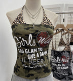Real Shooting Babes Leopard Print Fake Two Sling Vest With Chest Cushion Hanging Neck Short Top 1592
