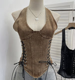 Real Shooting Cowboy Hanging Neck Sling Vest Punk Hollow Strap Y2k Hottie Sleeveless Short Repair Body Dress 835