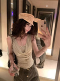 Splicing Fake Two-Piece Sleeveless T-Shirt Girl Summer Repair Waist Design Hot Girl Tight Short Small Top