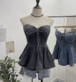 Real Shot With Chest Cushion Denim Sling Vest With Bow Hanging Neck Short Twiping Boat Blouse Woman 2611