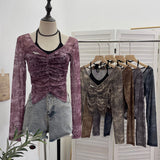Hanging Neck Tie With Fake Two-Piece Mesh Printed Long-Sleeved Top Irregular Folding Repair Short T-Shirt 8877