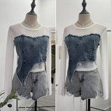 Design Feel Niche Cowboy Splicing Long-Sleeved Mesh T-Shirt Girl Summer Round Collar Dress Short Top 2617