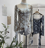 Real Shooting Retro Y2k Hot Tatry Lattice Lattice Mesh Splicing Lace Collar T-Shirt Irregular Ribbon Clothing 8078