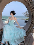 French Temperament Mint Green Hanging Neck Sling Dress Women Summer Sanya Seaside Vacation Show Big Dress