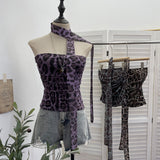 Real-Patting Mesh Leopard Print Sexy One-Word Shoulder Hanging Neck With Chest Vest With Chest Pad Short Top 15971