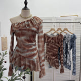 Slanted Shoulder Lotus Leaf Collar Long-Sleeved Mesh Printing Tops Irregular Hem Bottom T-Shirt 8061