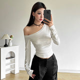 Letters Hot Diamond Collars With Long-Sleeved T-Shirts For Women's Folds Slimy Hottie Tops