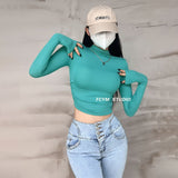 Slim Bottom-Up T-Shirted Hot Girls Half-High Collar In The Wind Autumn New Elastic Strength Thin High Waist Short Inside The Top Woman