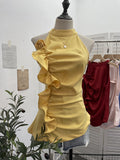 Spicy Design Sleeveless Leaves Three-Dimensional Flower Blouse Atmosphere Slimming Waist 1166