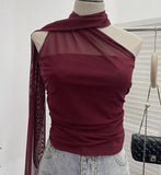 Real Shooting Mesh Ribbon Hanging Neck Folded Sleeveless Top Babes Two-Wearing Design Wrapping Bras 1125