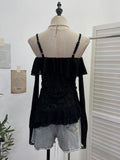 Real Shot One-×Ö Shoulder Sling Long-Sleeved Top Repair Slim Thin Folds Irregular Lotus Lace Tidly Tidly Tidly Tidly Tidly Tidly Tidly T-Shirt 1162
