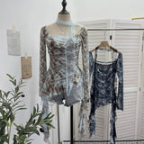 Real Shooting Retro Y2k Hot Tatry Lattice Lattice Mesh Splicing Lace Collar T-Shirt Irregular Ribbon Clothing 8078