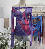 Spice Girls Slapout Twisted Kinesi Hanging Neck Mesh Printing Unique Design Long-Sleeved T-Shirt Embanded Backclothed 2772