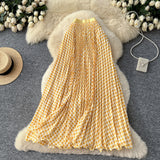 Printed Wave Folding Skirt High Waist Thin Temperament Long Dress Commuter Lattice Half Skirt A-Dress Skirt