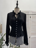 Real Shooting Retro Texture V Tie With Bubble Long Sleeves To Close Waist Folded Shirt Single Buckle Repair Body 23775