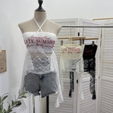 Real-Patting Hottie With Chest Cushion Letter Print Hanging Neck Sling Vest Irregular Ribbon Ribbon Sleeveless Lace Top 1285