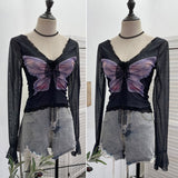 Solid Shot Micro-Permeable Mesh Butterfly Print Splicing Lace Hanging Neck Horn Long-Sleeved T-Shirt Repair Short Top 1286