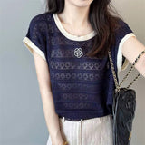 New Crash-Colf Hollow Lace Small Flying Sleeve Top Knitted Shirt Thin Short-Sleeved Women's Summer