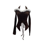 Real Shooting Hottie Hanging Neck A Word Shoulder Hair Spliced Long-Sleeved T-Shirt Draw Tie With Short Bottom Shirt 88882