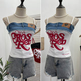 Real-A-Case Letter-Print Spliced Denim Sling Vest Repair Outside The Hot Babes Bumpy Short Sleeveless Top 2309