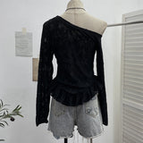Spice Girl Letter Print Collar Long-Sleeved T-Shirt Girl Irregular Ribbon Ribbon On The Shoulder 2779