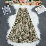 Printed Folded A-Word Half-Dress Girl's Long-Term Loose Waist 100-Fold Skirt Literary Retro Style Dress Swing