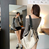 Lyselle Tiansing Stripe Shoulder Long-Sleeved T-Shirt Girl Spring And Autumn New Bottom Shirt On The Shoulder