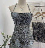 Real Shot Adjustable Shoulder Strap Hanging Neck Leopard Print Mesh Sling Sling With Chest Cushions Bare Back Hottie Top 8192