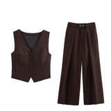 Summer New V-Neck Single Buckle Vest With Belt Broad Leg Trousers Suit For Women