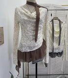 Real Shooting Two Collar Hanging Neck Ribbon Two Long-Sleeved T-Shirt Lace Splicing Chiffon Drawstring T-Shirt 1180