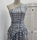 Real Shooting Retro Lattice Hot Diamond Slant Shoulder Vest Summer Irregular Net Yarn Side Hottie Sleeveless Top 8157