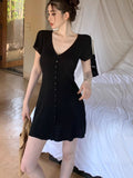 South Korea Dongdaefang Fashion V-Neck Solid Color Single Buckle Set Slim Sexy Knitted Dress