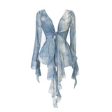 New French Retro Tie-Dye V-Neck Knotted With Long-Sleeved Shirt With Lotus Leaf Strap
