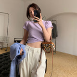 White T-Shirt Women Shoulder Short Sleeves Of European Goods 2025 New Thin Round Collar Cotton Stacked Bottom Top