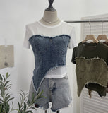 Solid Shooting Denim Splicing Mesh Yarn Short-Sleeved T-Shirt Summer Dress Irregularly Short High-Waist Repair Body Coat 26171