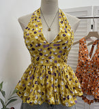 Real Shooting With Chest Pad Crumm Flower Hanging Neck Sling Vest Women's Summer Dress Sexy Deep V Skirt Swing Waist Sleeveless Top 9335