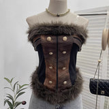 Real-Patted Leather Bra Waist Waist Coat Hair Spliced Pu Leather Slings To Collect Waist Thin Short Sleeveless Top 2996