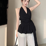 Temperament Black Bare Back Hanging Neck Sleeveless Shirt Women Summer Belt Design Feel Shirt Chic Niche Top