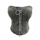 Real Shot With Chest Pad Water Washing Denim Breast Vest Bright Crystal Crystalline Wearing Rope With Short Sleeveless Top Woman 2856