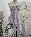 Real Shoot Broken Flower Sling Vest Irregular Lotus Side Ribbon Foldless Short Blouse Female 1223