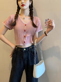 Summer New Korean Button Design Short-Sleeved Set Thin Knit T-Shirt Girl Skinny Umbilled Short Top