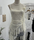 Real Shooting Lace Suspension Sheaf Vest Women's Summer Thin Irregular Lotus Leaf-Side Ribbon Slime Blouse 11851