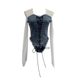 Sexy Square Collar Mesh Spliced Denim Strapped Belted Blouse Design With A Short T-Shirt 2230