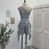 Real Shooting Retro Lattice Hot Diamond Slant Shoulder Vest Summer Irregular Net Yarn Side Hottie Sleeveless Top 8157